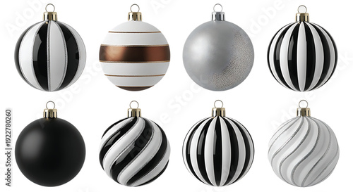 Elegant black and white Christmas ornaments, festive holiday decorations, striped and textured baubles, modern seasonal decor, luxury winter celebration accents