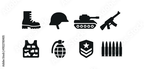 Military equipment icons including boots, helmet, tank, rifle, vest, grenade and bullets.