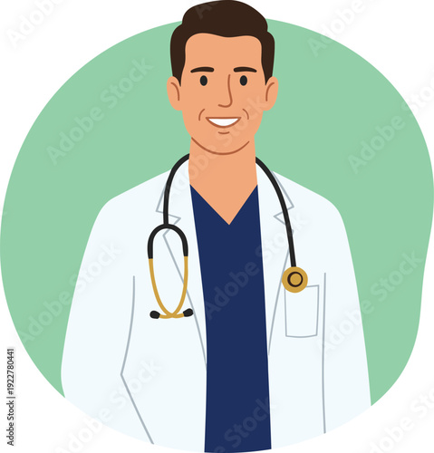 Smiling male doctor with stethoscope portrait, healthcare professional avatar, medical practitioner flat vector illustration isolated background