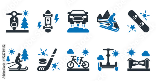 Modern electric personal transport icons for sports and recreation activities