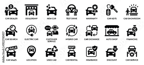 Modern car dealership and automotive services icon collection for transport business