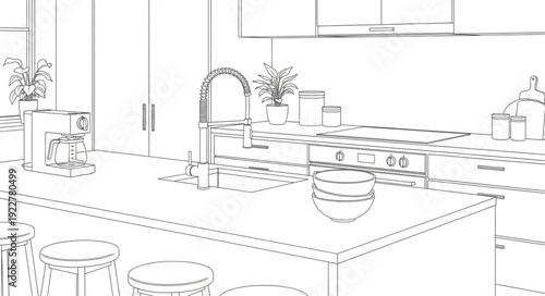 Modern Kitchen Island Countertop With Stools and Sink Sketch.