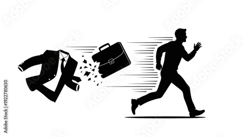 Man Escaping From Exploding Briefcase Silhouette Concept of Corporate Stress