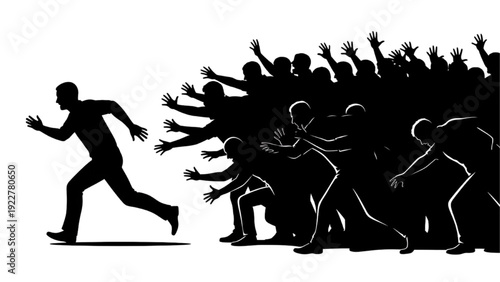 Man Running From Aggressive Crowd Silhouette Concept of Social and Public Pressure