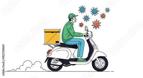 Delivery worker wearing face mask riding scooter