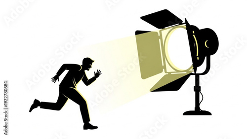 Man Running Toward Spotlight Silhouette Concept of Fame and Recognition