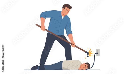 Man Disconnecting Electrical Plug from Wall Socket to Save Electrocuted Person