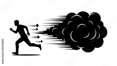 Man Running From Dark Stress Cloud Silhouette Concept of Overwhelming Pressure