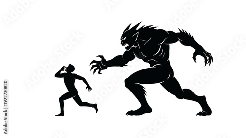 Man running away from a monster in a dark environment from a side viewpoint