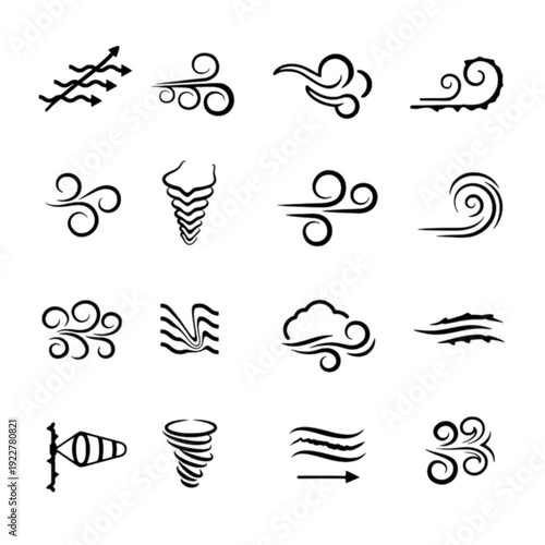Set Of Wind And Air Weather Icons, Swirl Breeze Symbols, Tornado And Gust Vector Illustrations