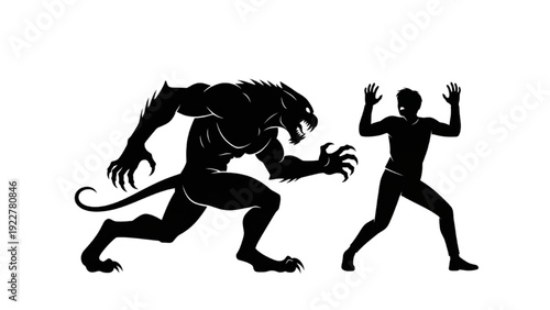 Man confronts fierce mythical creature in dark silhouette