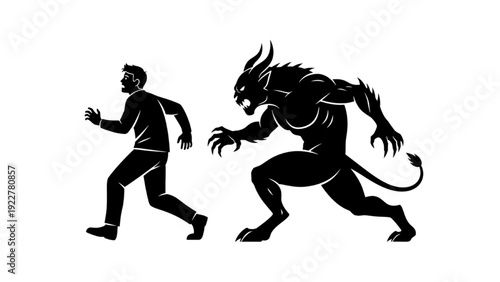 Man Running Away from Demon in Dark Illustration