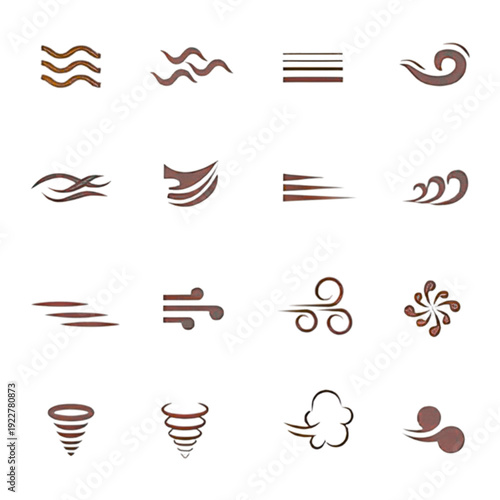 Wooden Wind and Air Icon Set — Brown Swirl, Wave and Tornado Symbols for Design