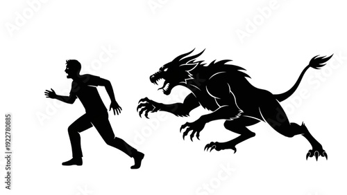 Man Running from Fierce Lion Silhouette Illustration