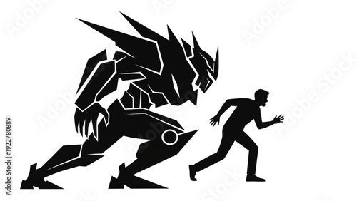 Man Running Away from a Large Robot in a Frightening Scene Illustration