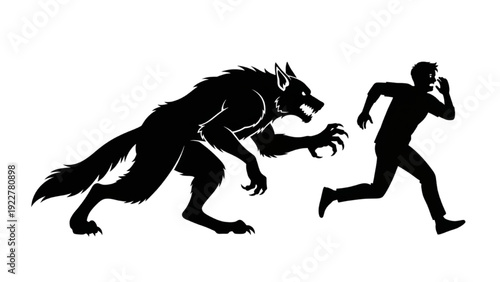 Man Escaping From Aggressive Werewolf Silhouette Concept of Persistent Fear