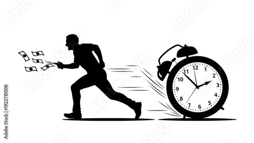 Man Running Ahead of Clock While Chasing Money Silhouette Beating Time Concept