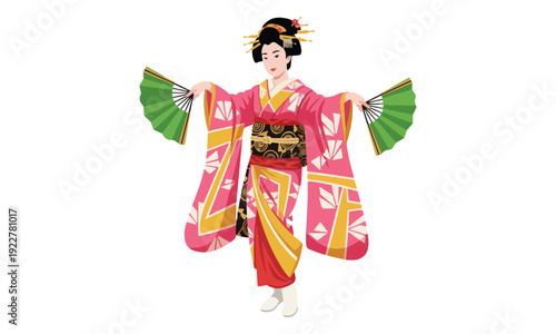 Japanese Woman in Pink Kimono Performing Traditional Dance with Fans