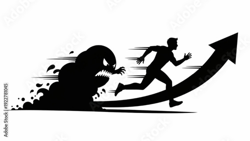 Man Running Upward Arrow While Shadow Mass Chases Silhouette Success Concept