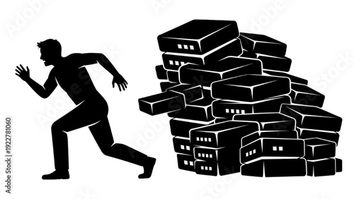 Man Running From Data Overload Silhouette Concept of Information Pressure