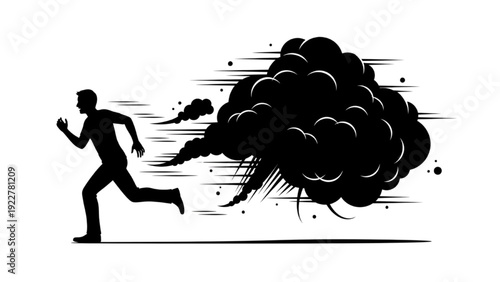 Man Running From Dark Stress Cloud Silhouette Concept of Anxiety and Overwhelm