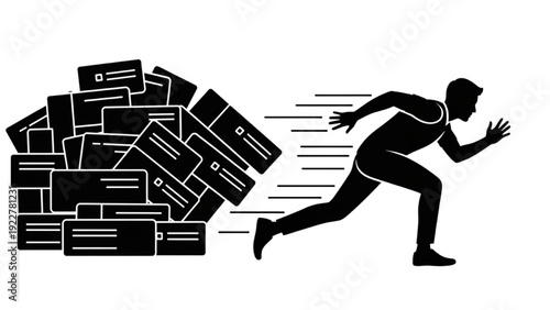 Man Running From Document Overload Silhouette Concept of Work Stress