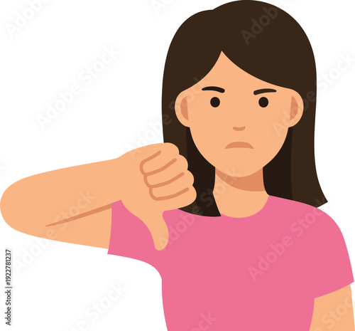 Unhappy young woman showing thumbs down gesture, flat vector illustration of dislike feedback rejection and negative review concept