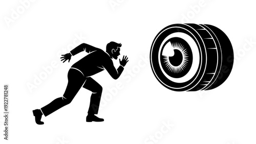 Man Running Toward Camera Lens Silhouette Concept of Fame and Media Attention