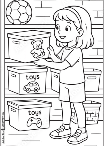 coloring book girl putting toys into labeled bins on a shelf