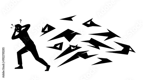 Man Running Away From Multiple Arrows Silhouette Concept of Criticism and Pressure