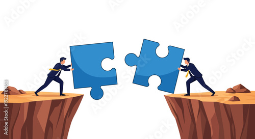 Businessmen connecting puzzle pieces across gap