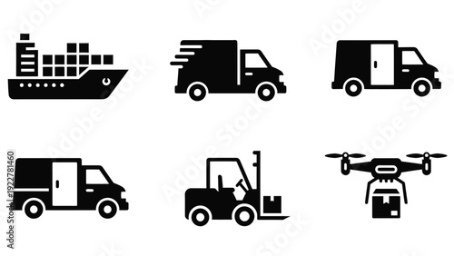 Logistics and delivery icons ship truck forklift drone for shipping transport