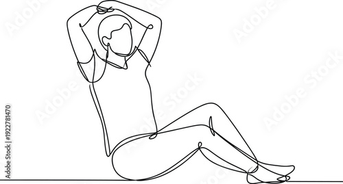 Woman doing abdominal crunch exercise, fitness workout concept, minimal continuous line art illustration isolated white background design