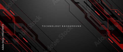 Abstract black red circuit technology banner lines electronics elements computer digital on grey blank space background vector illustration.
