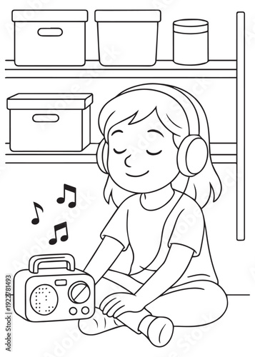 coloring book girl sitting on the floor listening to music with headphones