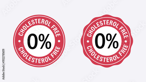 Zero Percent Cholesterol Free Product Labels Set, Red Circular Healthy Food Certification Badges for Heart Healthy Nutrition Branding