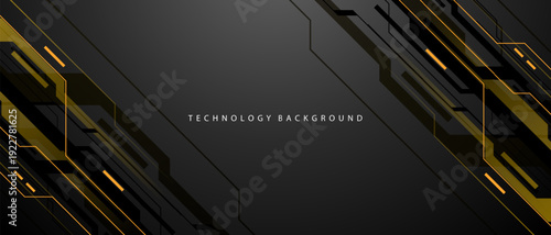 Abstract black yellow circuit technology banner lines electronics elements computer digital on grey blank space background vector illustration.