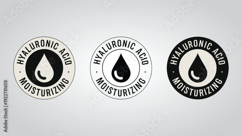 Hyaluronic Acid Moisturizing Skin Care Serum Labels, Cosmetic Product Ingredient Branding Icons for Professional Beauty and Hydration Kits