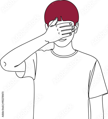 Young man covering face with hand, shame or embarrassment concept, minimal continuous line art illustration isolated background