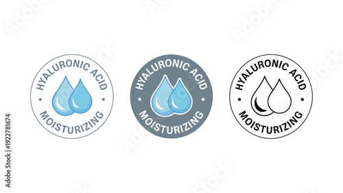 Advanced Hyaluronic Acid Hydration Formula Icons, Double Drop Moisturizing Effect Badges for Luxury Skincare and Cosmetic Product Lines