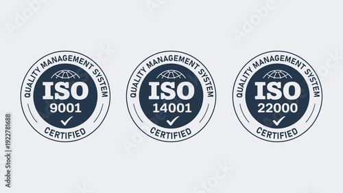 ISO 9001 14001 22000 Quality Management System Certified Badges, Official Corporate Standards Compliance Icons for Business Credibility