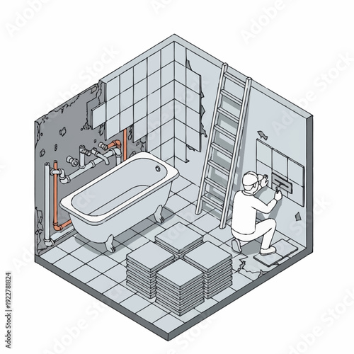 Bathroom Renovation in Progress with Worker Tiling Walls.