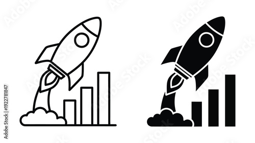 Business startup growth concept represented by a rocket launching above ascending bar charts in dual icon styles