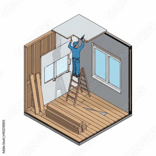 Construction worker installing ceiling panel on ladder.