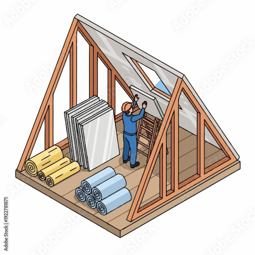 Construction worker installing insulation in attic framing.