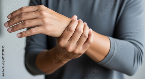 Close-up of person holding wrist in pain with blurred background