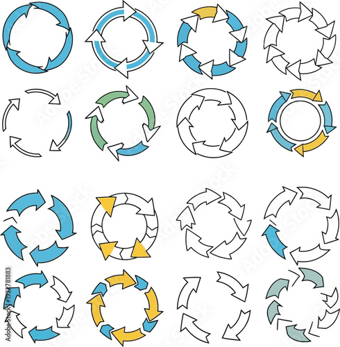 Set of circular diagrams with arrows in various colors and patterns