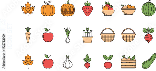 Fresh Veggies and Fruit Icons Set – Autumn Harvest Flat Healthy Food Vector Collection
