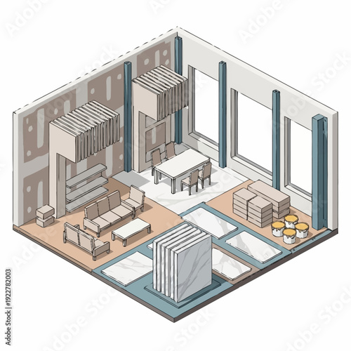 Isometric view of a modern living and dining room interior design.