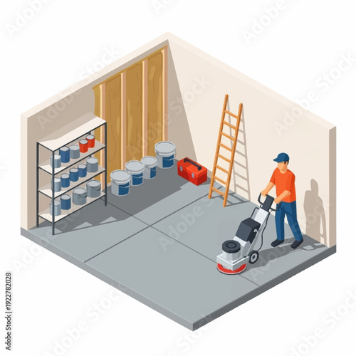 Man operating floor polisher in a room.